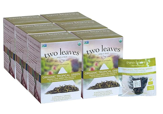 Two Leaves and a Bud Organic Tropical Green Tea Bags, Whole Leaf Green Tea in Sachets, 15 Count (Pack of 6)