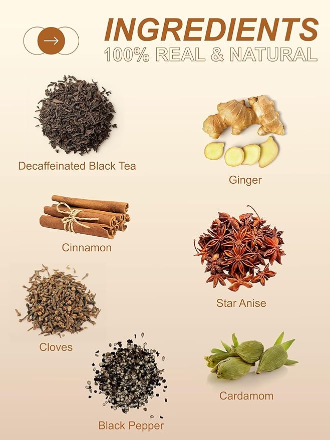 TeeLux Decaf Chai Black Tea, Decaffeinated Black Tea with Cinnamon, Ginger, Cardamom, Star Anise, Robust & Spicy Flavor, 100 Count