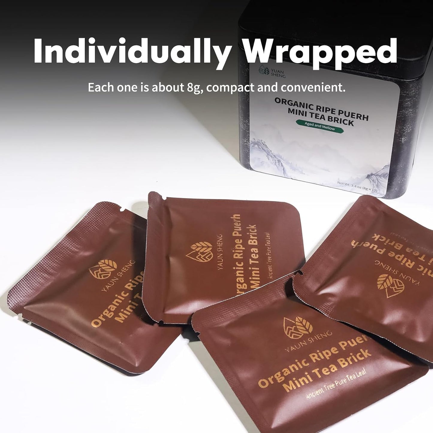 YUANSHENG Organic Pu-erh Tea, 12 Count Organic Puerh Mini Tea Cakes, Yunnan Pu-erh Fermented Leaf with Smooth and Sweet Flavor, Chinese Puerh tea Cake Individually Wrapped, 3.4 Oz