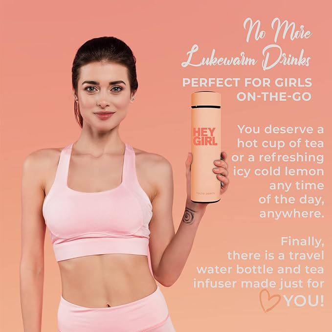 Hey Girl Tea Infuser Bottle 450ml - Insulated Stainless Steel Water Bottle - Tea Tumbler with Tea Diffuser