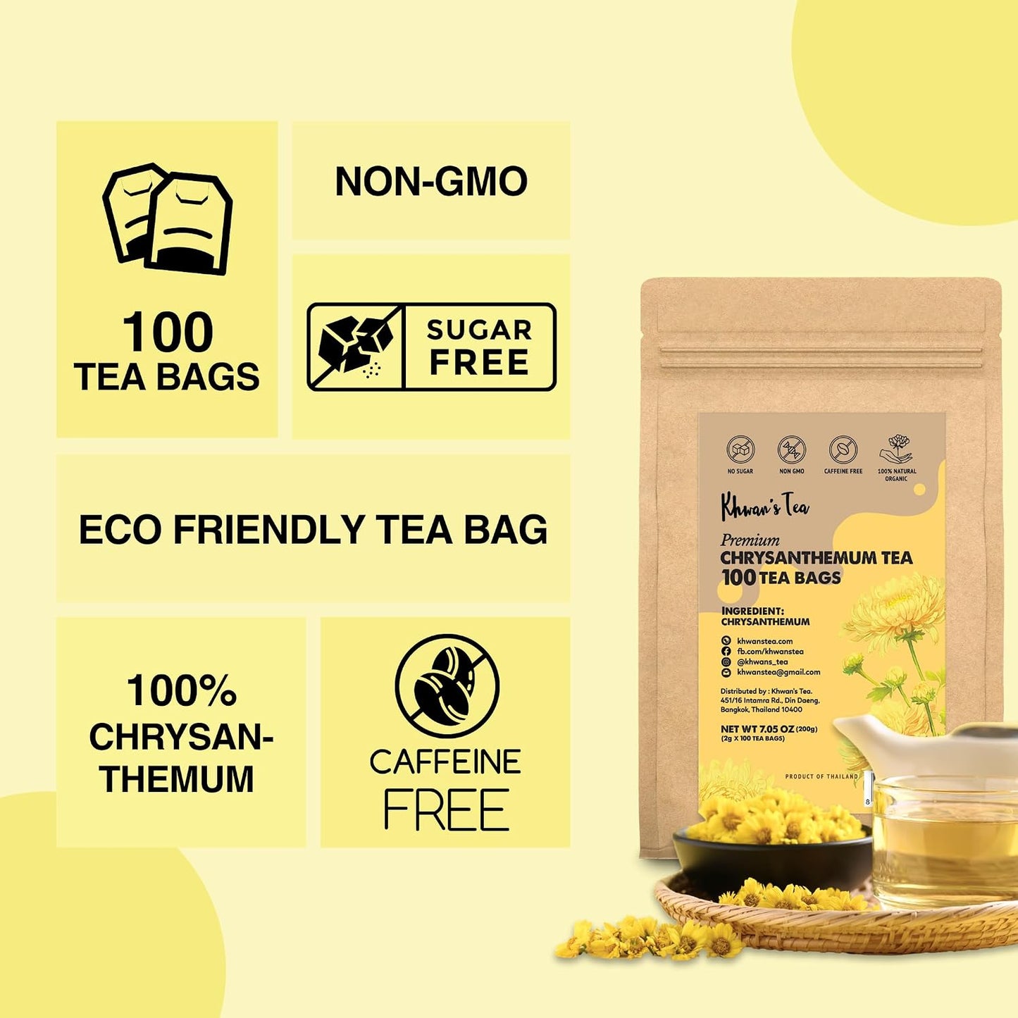 KHWAN'S TEA Organic Chrysanthemum Tea Bags, Caffeine-Free, 100 Count | Organic chrysanthemum tea bags, dried chrysanthemum flower tea, Thai sun-dried whole flowers, USDA Organic, caffeine-free