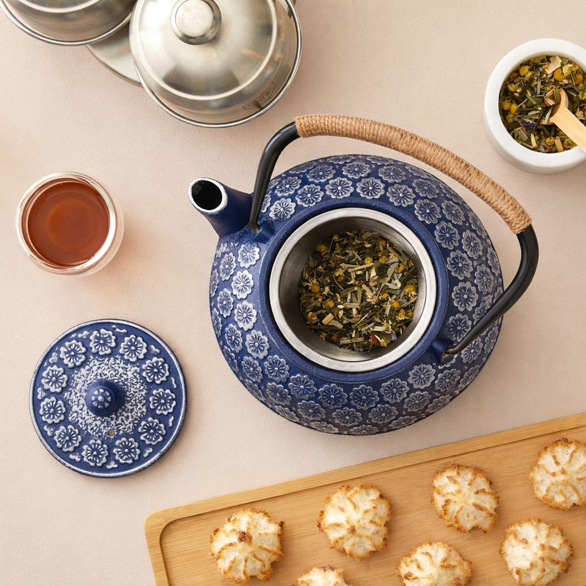 Juvale Japanese Cast Iron Teapot with Infuser & Stovetop Tea Kettle - 34 oz, Blue - Heat Retention, Removable Lid & Fold-Down