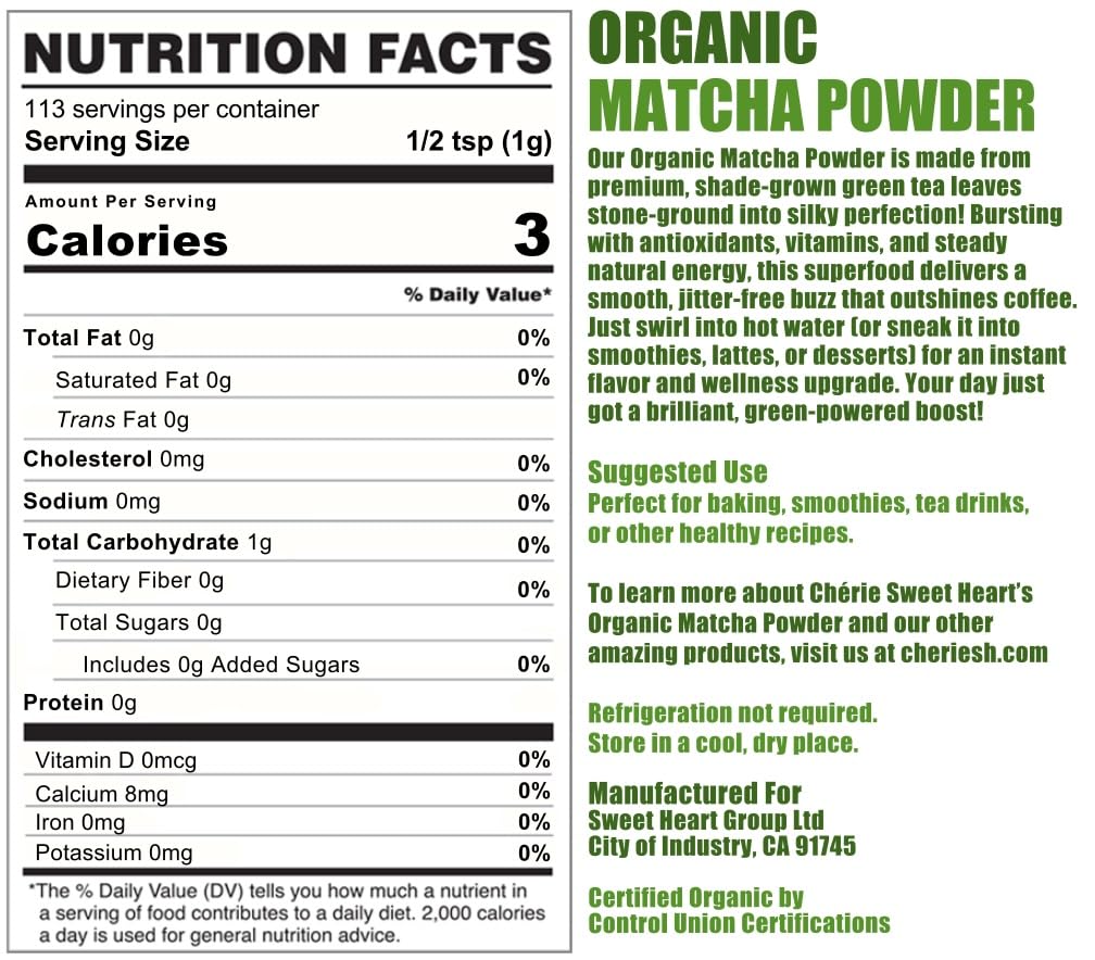 Cherie Sweet Heart Organic Matcha Green Tea Powder - Premium Culinary Grade, Authentic Japanese Origin, Antioxidant-Rich, Gluten-Free, Vegan – Perfect for Lattes, Cooking, Baking &amp; Smoothies – 16oz Resealable Bag