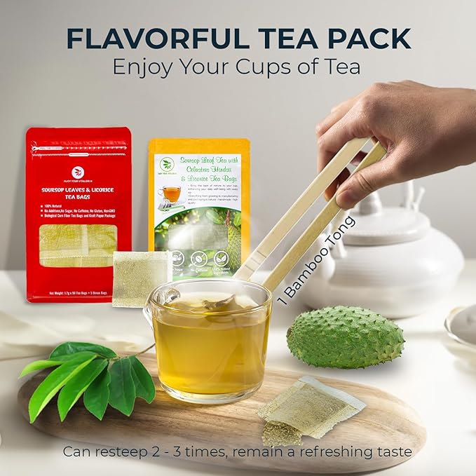 Graviola Soursop Leaf Tea Samplers with Celastrus Hindsii & Licorice - 10 Count + Bamboo Tong, Corn Based Tea Bags
