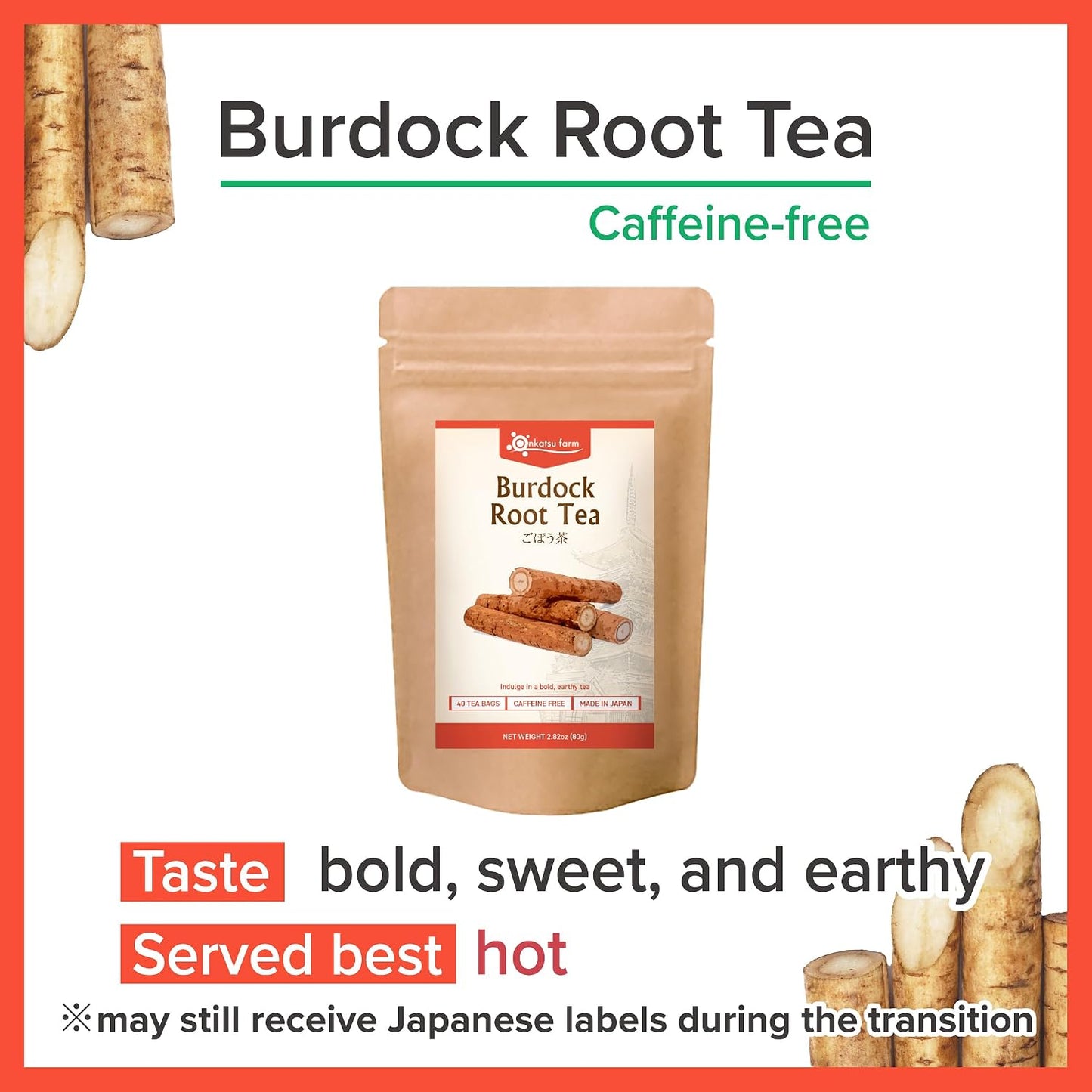 Onkatsu Farm Burdock Root Premium Japanese Tea Bags, Bold Earthy Flavor Hot or Iced No Caffeine 40 Count Tea Bags