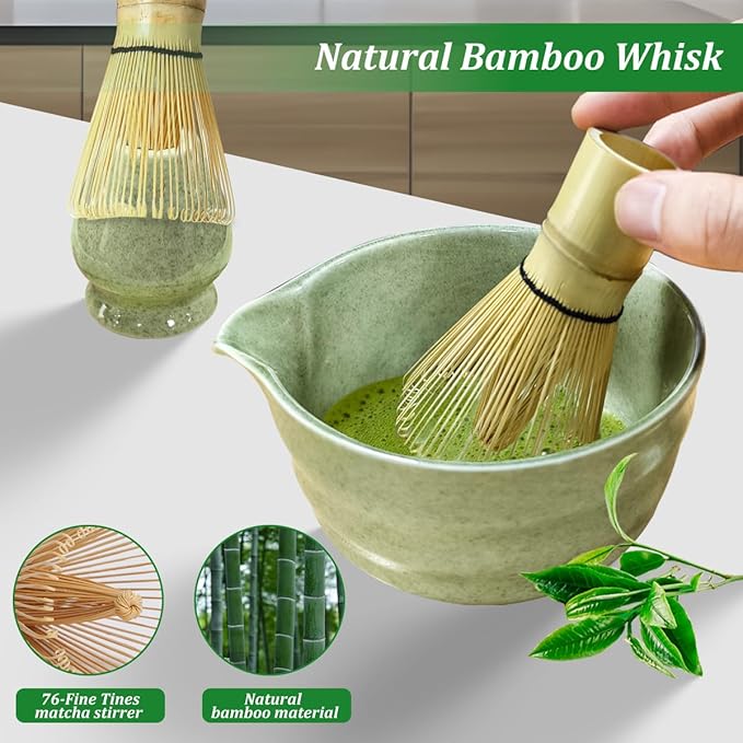 Matcha Whisk Set, 5 Pcs Matcha Kit for Matcha Lovers, 17 OZ Matcha Bowl with Spout, Bamboo Whisk, Scoop, Stainless Sifter and Ceramic Whisk Holder, Unique Gifts for Tea Enthusiasts Birthday Christmas