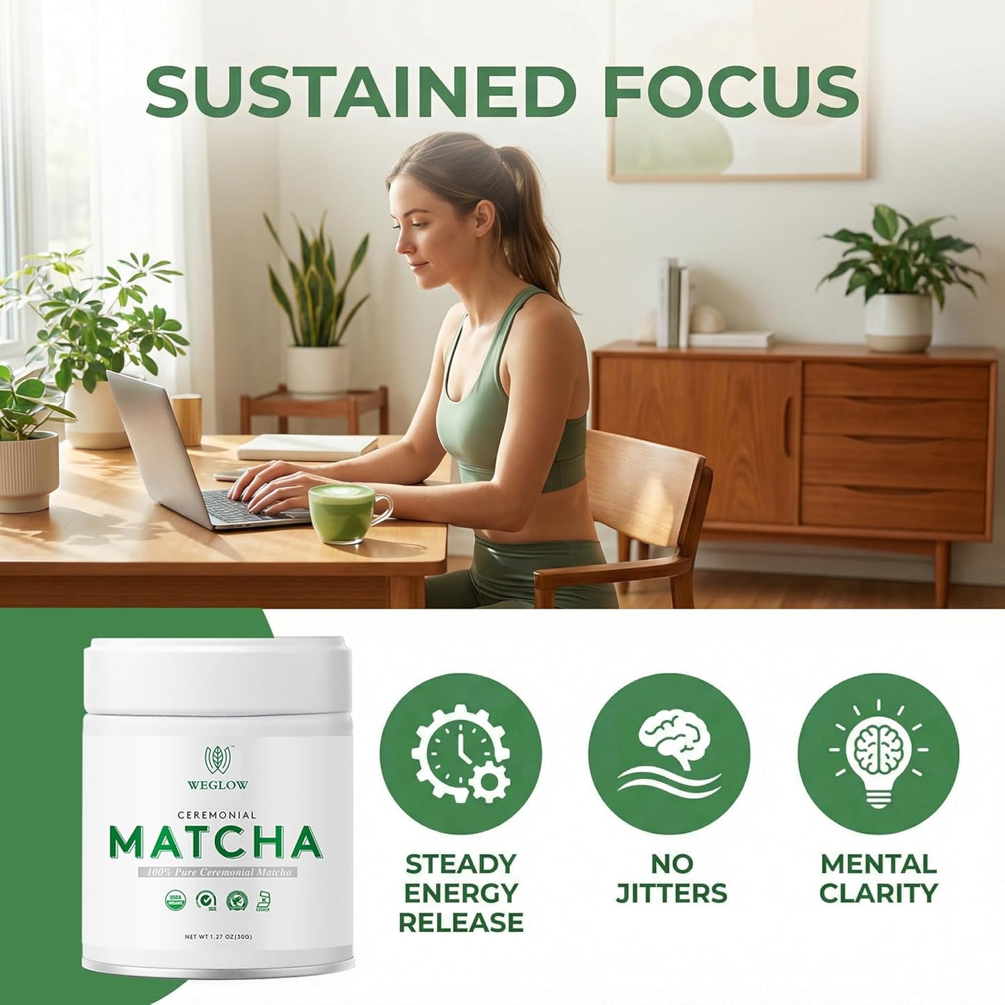 WEGLOW Matcha Power Organic Ceremonial Grade Matcha Powder -First Harvest Ceremonial Grade Matcha Green Tea Powder，KOSHER & SGS Certified(30g/1.06oz)