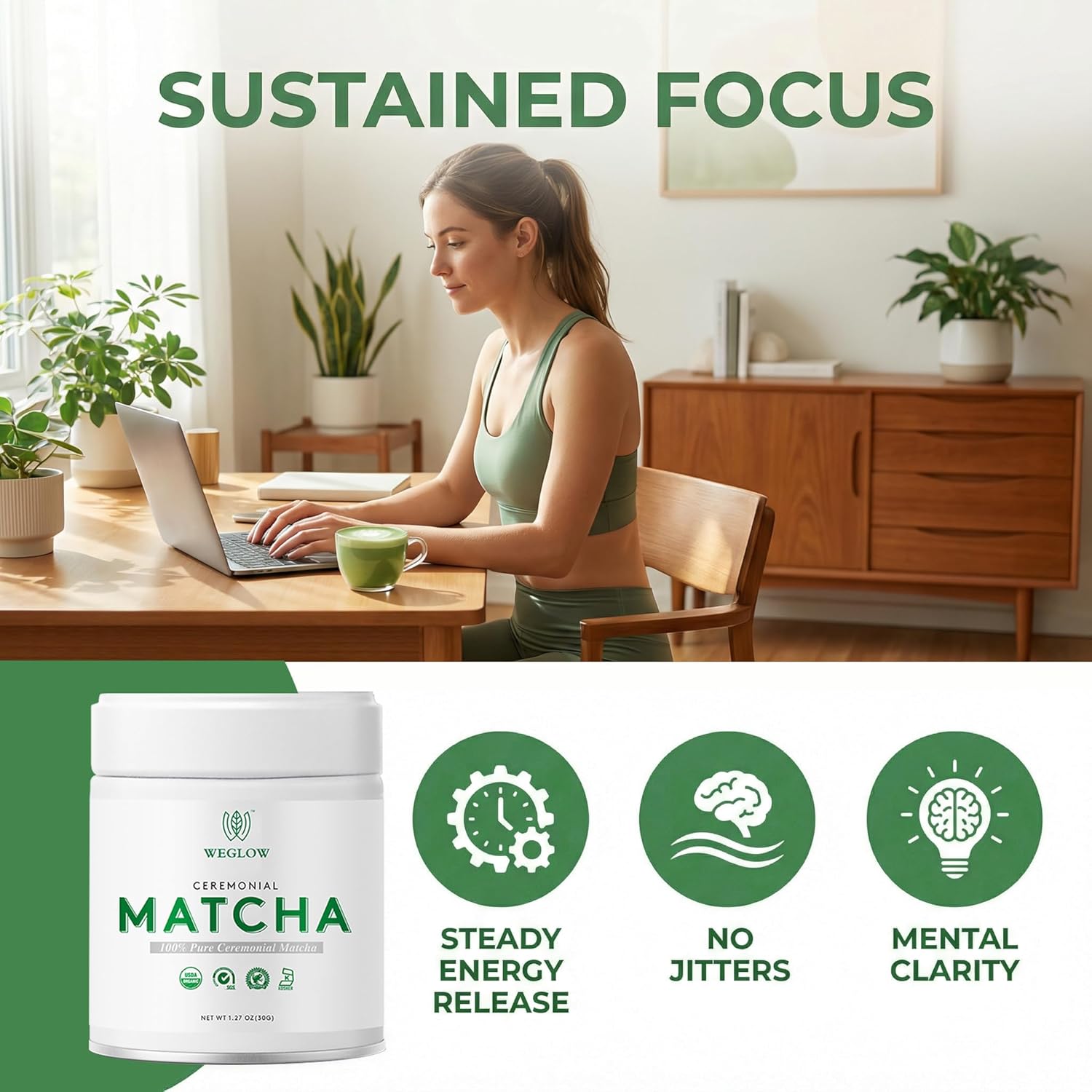 WEGLOW Matcha Power Organic Ceremonial Grade Matcha Powder -First Harvest Ceremonial Grade Matcha Green Tea Powder，KOSHER & SGS Certified(30g/1.06oz)