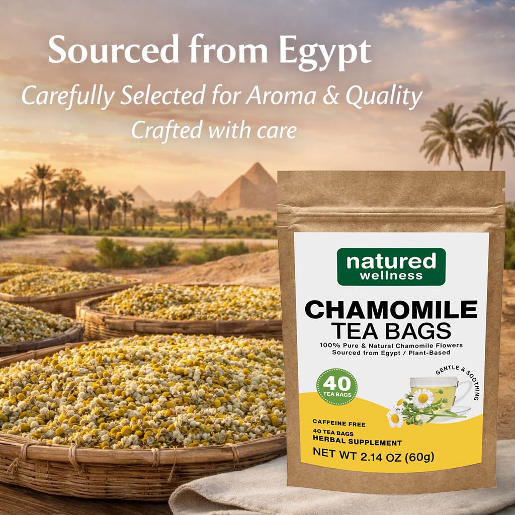Natured Wellness Chamomile Tea Bags (40 Count), Pure Chamomile Flower Herbal Tea, No Additives or Fillers, Non-GMO, Caffeine-Free, Enjoy Hot or Iced