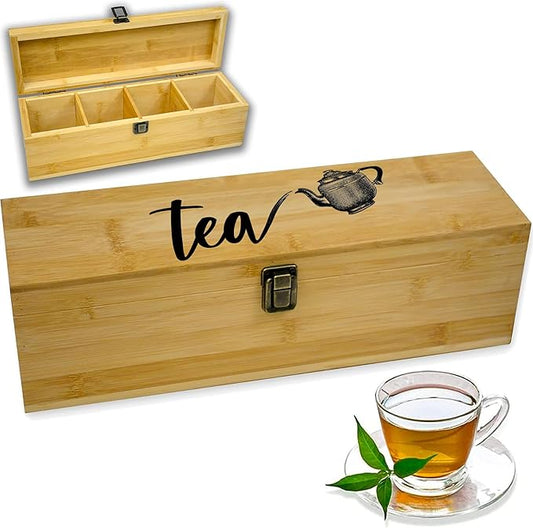 Tea Organizer Box Food Safe Bamboo Wood Chemical Free Big, Tall, Adjustable Cubbies Natural Storage Chest (4-Slot Across 14.3" x 4.4" x 4.2" with Tea