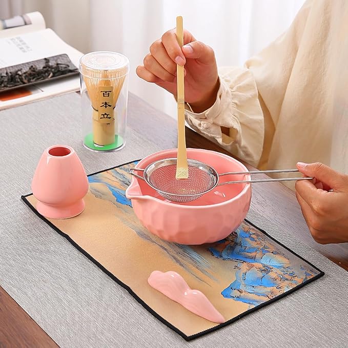 7-Piece Matcha Whisk Set, Pink Ceramic Matcha Bowl with Unique Diamond Design, Bamboo Whisk, Scoop, Sifter & Tea Towel - Complete Matcha Kit for Tea Lovers (Pink Gift Box)