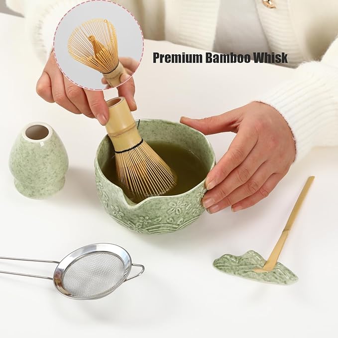 Matcha Whisk Set - 6 Pcs Matcha Set，Handcrafted Bamboo Chasen & Ceramic Bowl Matcha Kit,with Stainless Steel Sifter, Bamboo Scoop & Holder for Matcha Tea Ceremony (Mottled Green)
