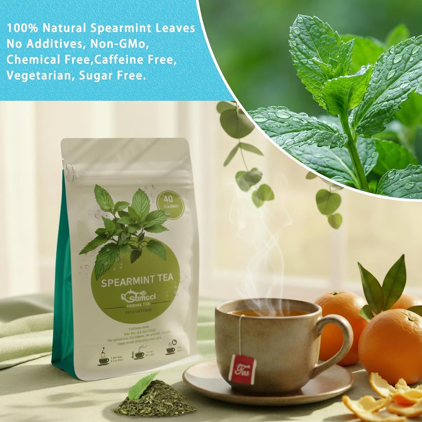 Samcci Spearmint Tea Bags, 40 Counts, Pure Dried Spearmint Leaf | Supports Digestion, Fresh Breath, Women's Wellness &amp; Balance, 100% Natural Dried Leaves, Non-GMO, Caffeine-Free