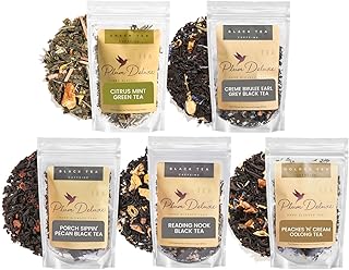 Loose Leaf Tea Sampler – 5 Caffeinated Blends Including Creme Brulee Earl Grey, Peach Oolong, Citrus Mint, Pecan and Floral Black – 75 to 100 Cups – Handcrafted in USA – Plum Deluxe