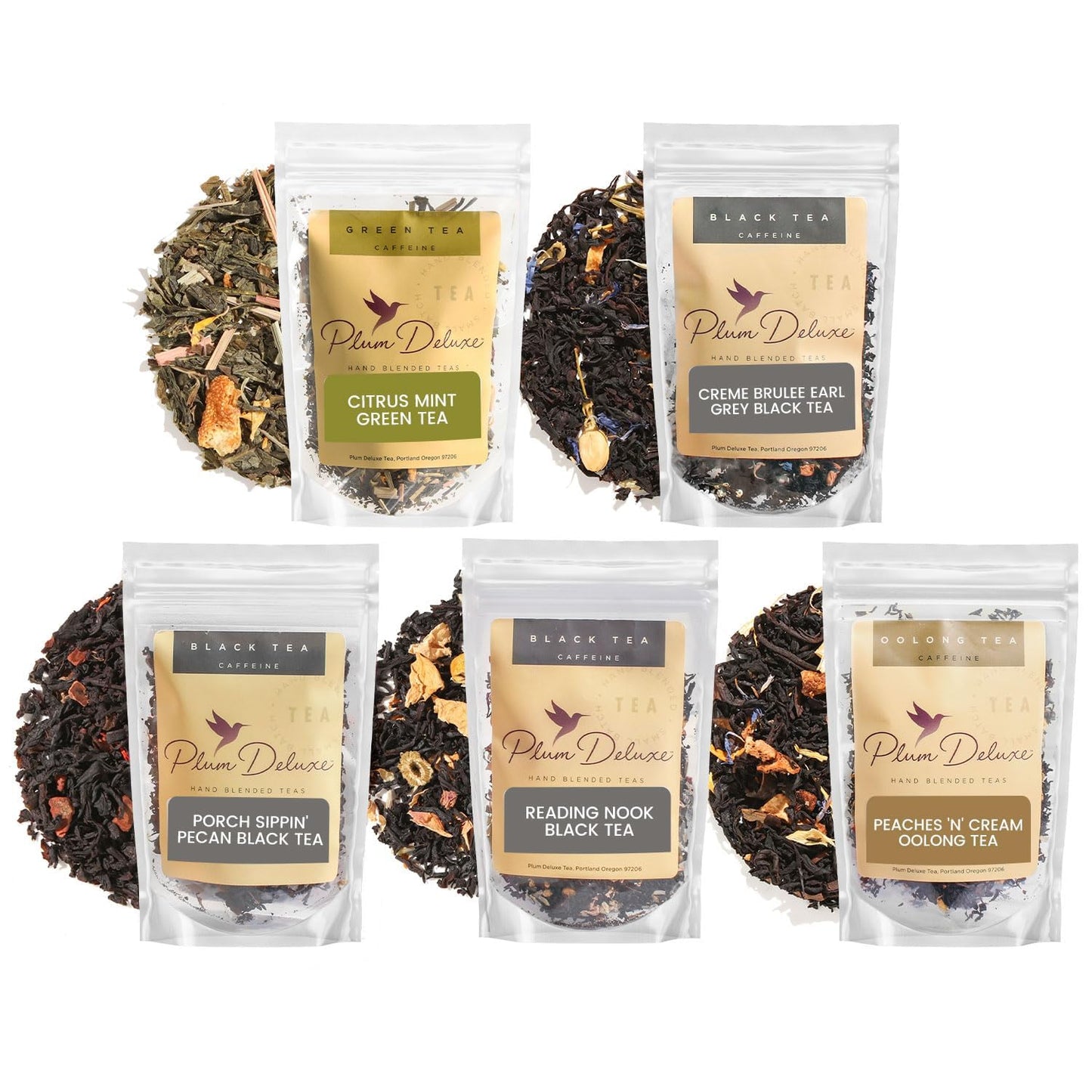 Loose Leaf Tea Sampler – 5 Caffeinated Blends Including Creme Brulee Earl Grey, Peach Oolong, Citrus Mint, Pecan and Floral Black – 75 to 100 Cups