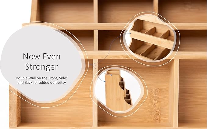 Theodore Vertical Bamboo Tea Organizer – Holds 180 Tea Bags – Compact Wooden Tea Storage Box for Home, Kitchen, Office – Fits Sugar Packets