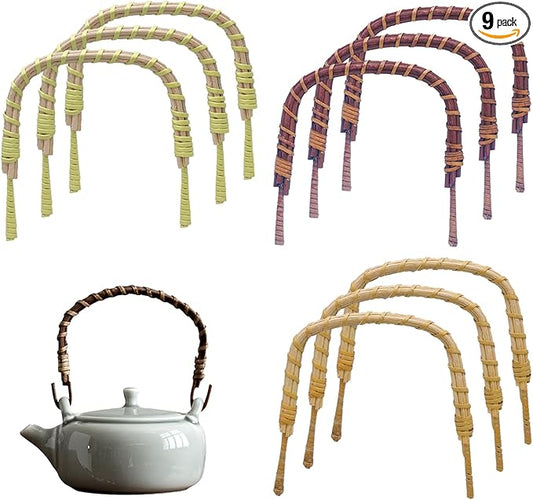 9 Pcs 3 Colors Rattan Metal Teapot Handle Bendable Teapot Handle Replacement for Ceramic Teapots, Japanese Wired Teapots