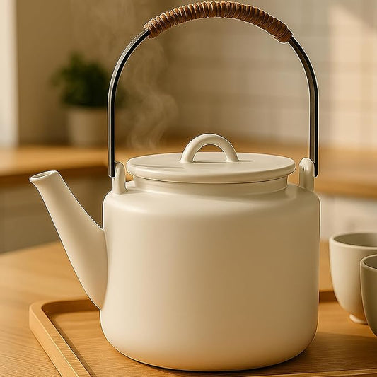 Small Stove Safe Ceramic Teapot with Cold Touch Curved Handle (27oz) - Hand-Glazed Finish - Suitable for Boiling Water and a Variety of Teas and Herbs - Matte Black-White