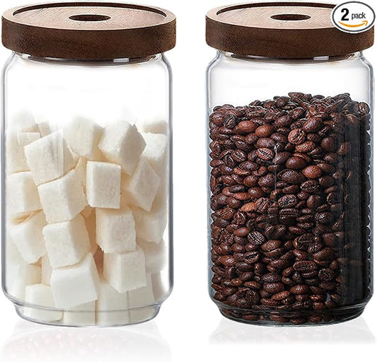 Glass Jars with Airtight Wood Lids - 25 OZ / 750 ML Kitchen Pantry Storage Containers, Decorative Canister for Chia Seed, Coffee Bean, Sugar, Spice, Cereal, Oats, Cookie, Candy, Tea, Nuts, Set of 2