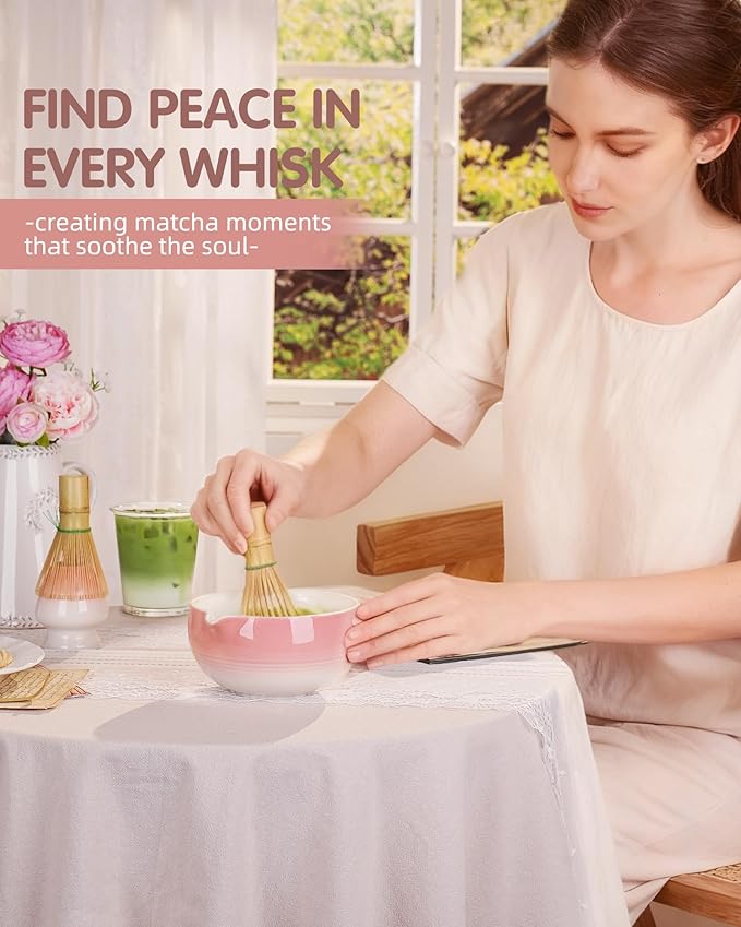 ZENS Pink Matcha Set, 6pcs Matcha Kit Includes Ceramic Bowl, Handcrafted Bamboo Whisk and Chasen Holder, Scoop, 304 Sifter & Tea Mat, Matcha Whisk Set Gift for Matcha Lovers