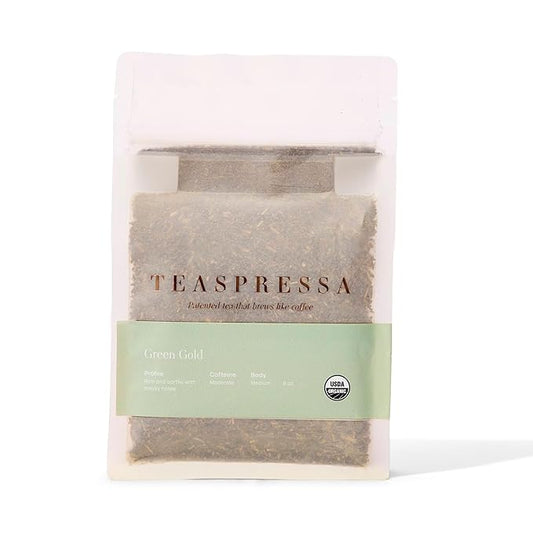 Teaspressa Organic Green Gold Green Tea - Brews Like Espresso - Bold, Rich, Full-Bodied - Naturally Caffeinated - Make Tea Lattes at Home - Vegan & Gluten-Free - Barista Quality - Makes 30 Cups - Great Gift Idea