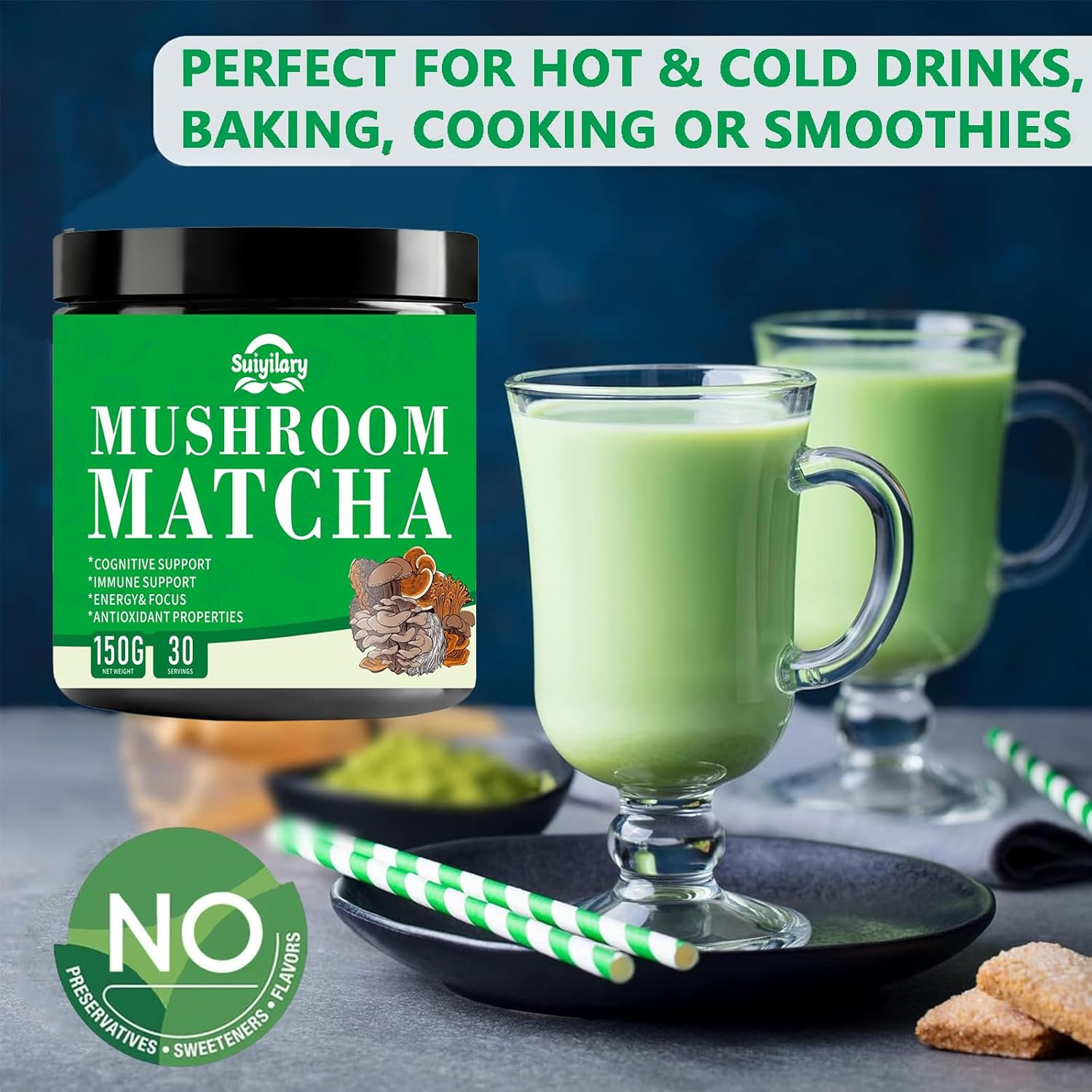Suiyilary Mushroom Matcha, Ceremonial Matcha Tea Powder with 7 Superfood Mushrooms, Gluten Free, Taste Great Hot or Cold Matcha Latter - 150g 30 Serving