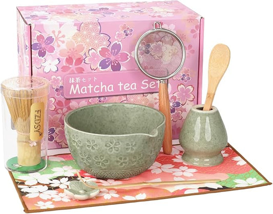 Sakura Matcha Whisk Set, 8 PCS Japanese-Style Matcha Kit with Cherry Blossom Matcha Bowl, Bamboo Whisk & Holder, Scoop, Spoon Rest