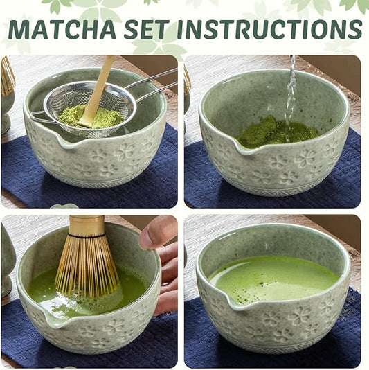 Green Sakura Matcha Whisk Set, 8 PCS Green Sakura Matcha Set Kit, Japanese Ceremonial Matcha Set Whisk and Bowl with Spout, Matcha Gift/Accessories