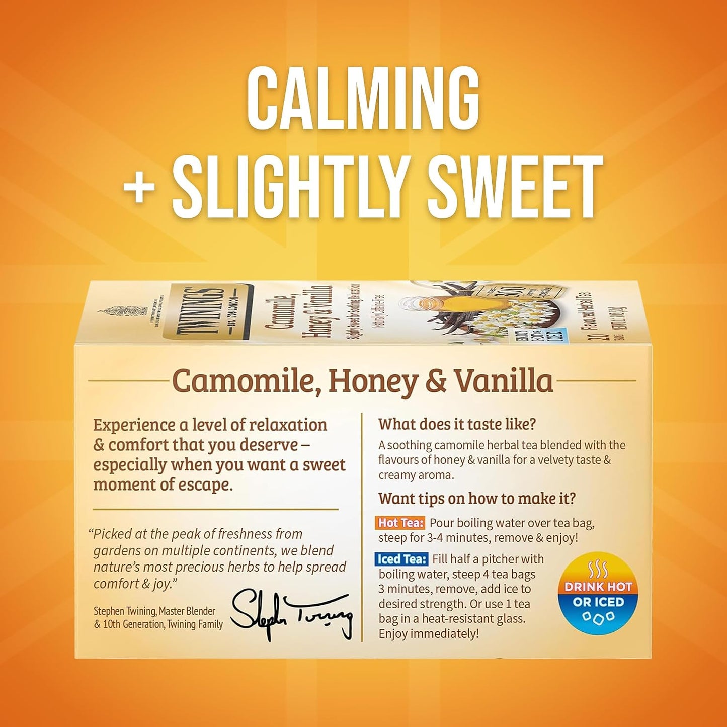 Twinings Camomile, Honey &amp; Vanilla Herbal Tea Bags, 20 CT Box (6 Pack) | Calming for Relaxation, Naturally Caffeine-Free, 120 Foil Lined Individually Wrapped Bags, Enjoy Hot or Iced