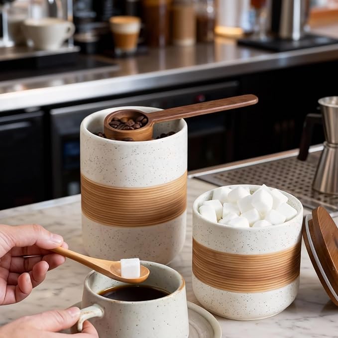Small Ceramic Jar with Lid, Coffee Container Canister Kitchen Food Storage Jars for Spice Sugar Tea Bag, Stackable Decorative Jars for Countertop