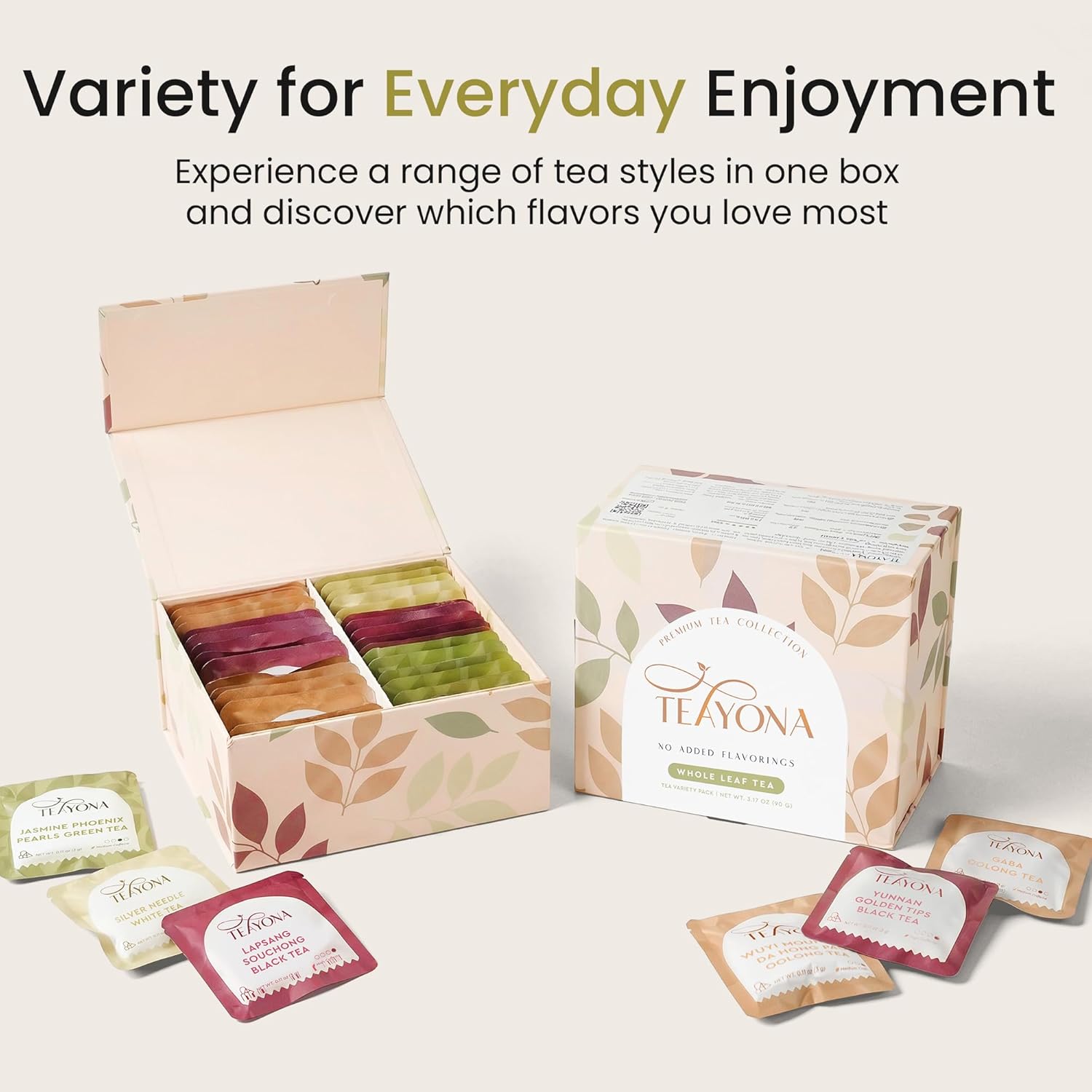 Teayona Premium Tea Variety Pack – 30 Whole Leaf Tea Sachets, 6 Varieties, Sampler (Green, Black, Oolong, White) – Tea Box for Tea Lovers, Tea Gift Set