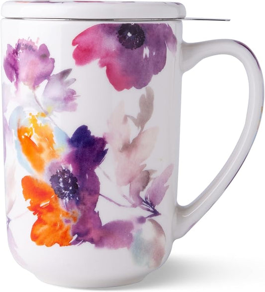 AmorArc Porcelain Tea Mug with Infuser and Lids, 18 Oz Large Cup Strainer with Bag Holder for Loose Leaf Tea