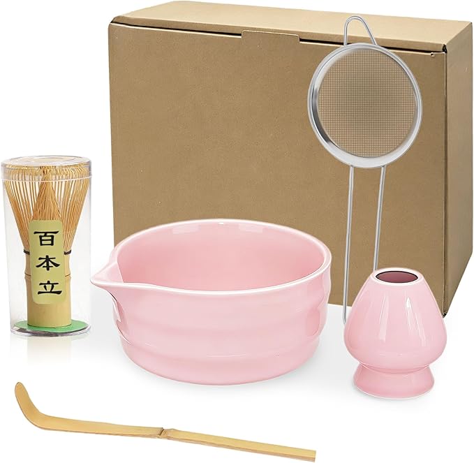 ZaH Matcha Whisk Set Includes Matcha Whisk and Bowl/Ceramics Whisk Holder/Bamboo Tea Scoop/Sifter - Japanese Matcha Set Kit (5pcs), Pink