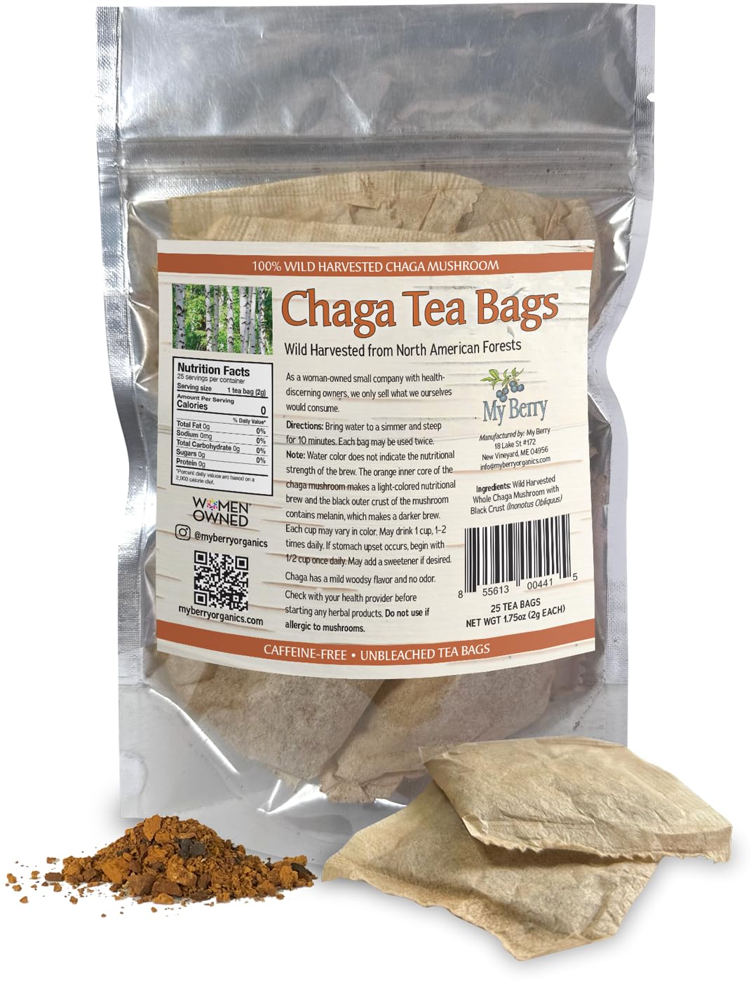 Chaga Tea Bags by My Berry | 100% Canadian Wild-Harvested- NEVER Siberian | 100% Additive-Free Caffeine-Free Herbal Tea | 25