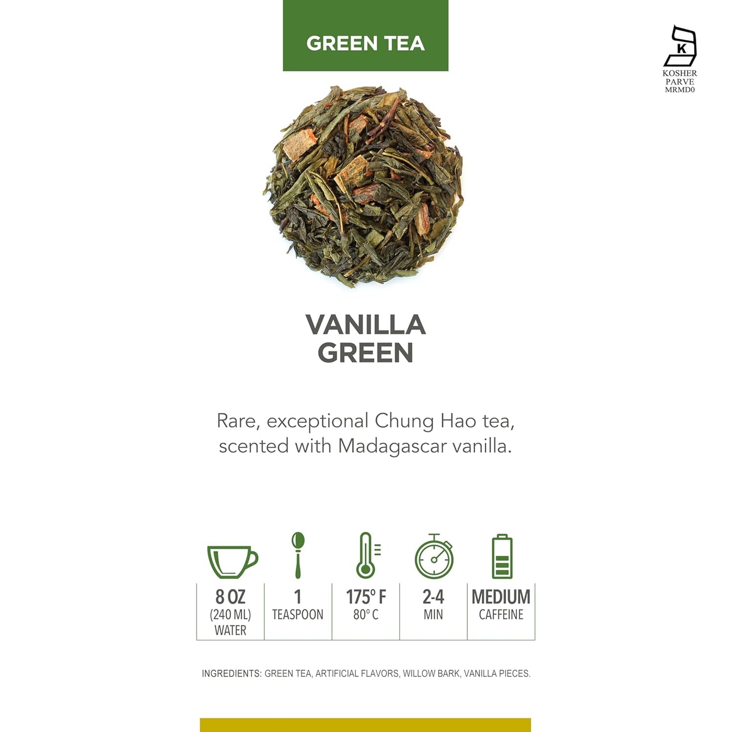 Teabloom Kosher Certified Vanilla Green Tea, Loose Leaf Tea Blend in Reusable Gift Canister, 3.17 oz/90 g Canister Makes 35-50 Cups