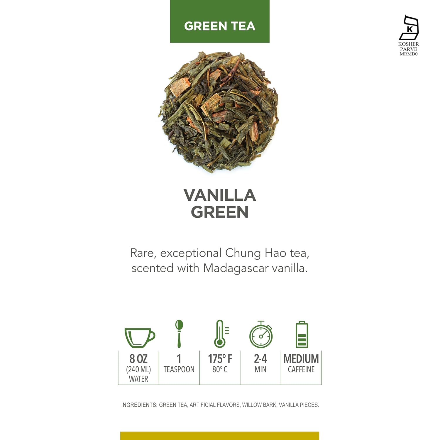 Teabloom Kosher Certified Vanilla Green Tea, Loose Leaf Tea Blend in Reusable Gift Canister, 3.17 oz/90 g Canister Makes 35-50 Cups