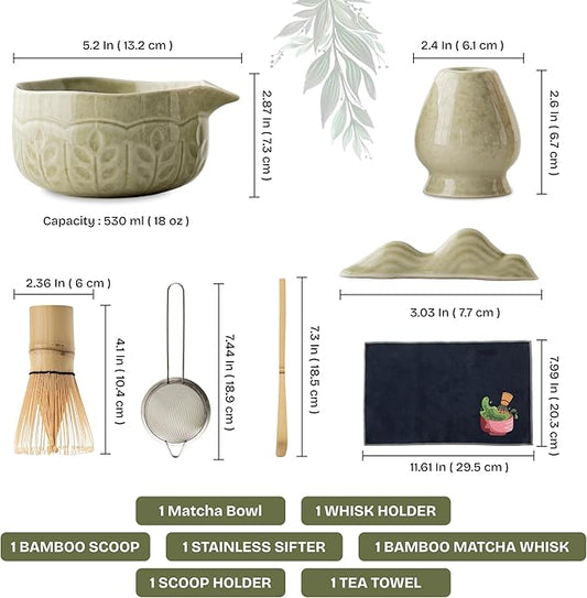 Matcha Whisk Set Black, 8 Pcs Matcha Set with Bowl (Chawan)/Whisk/Holder & Accessories, Matcha Kit for Ceremony, Traditional Tea Set for Making Latte