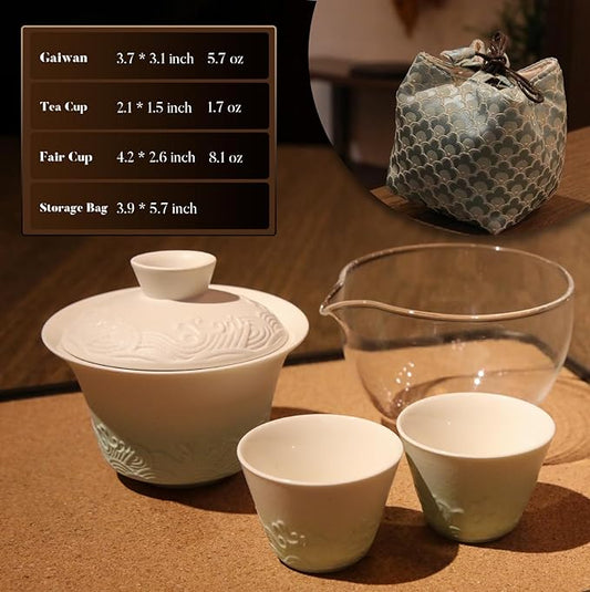 Ceramic Chinese Gongfu Tea Set, Relief Texture, Smooth Glaze, Gaiwan Tea Set for Adults, Suitable for 1-2 People, Home, Travel, Gift for Tea Lovers