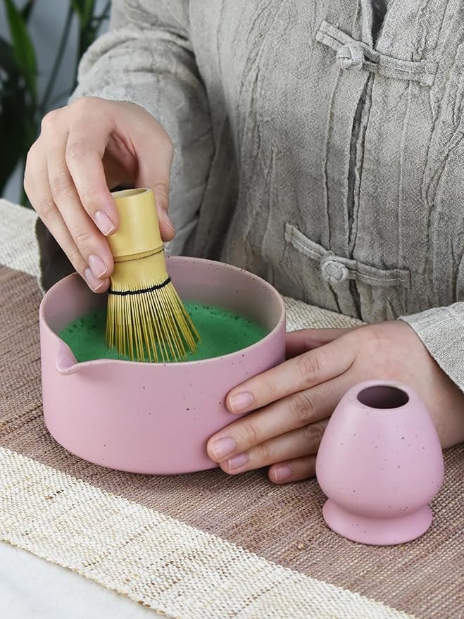 Artcome Matte Pink Matcha Bowl Set with Spout – Handmade Ceramic Chawan, Bamboo Whisk, Whisk Holder, Tea Scoop, and Matcha Manual