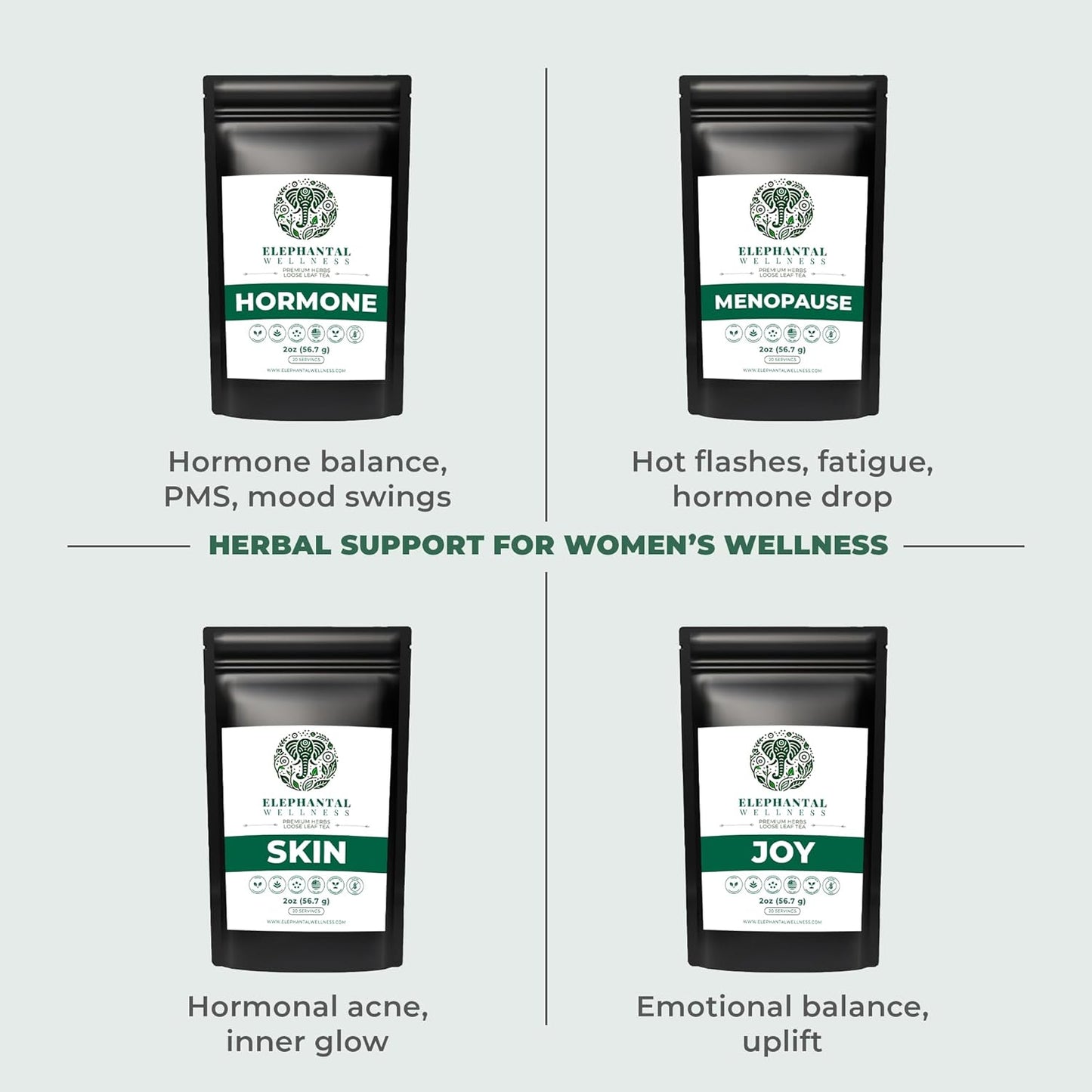 Elephantal Wellness Premium Hormone Herbal Tea | PCOS, Hormonal Balance & Mood Support with Chaste Berry, Shatavari, Dong Quai & Black Cohosh | Handmade, Non-GMO, Caffeine-Free Loose Leaf Blend | 2oz Loose Leaf, 20 Servings