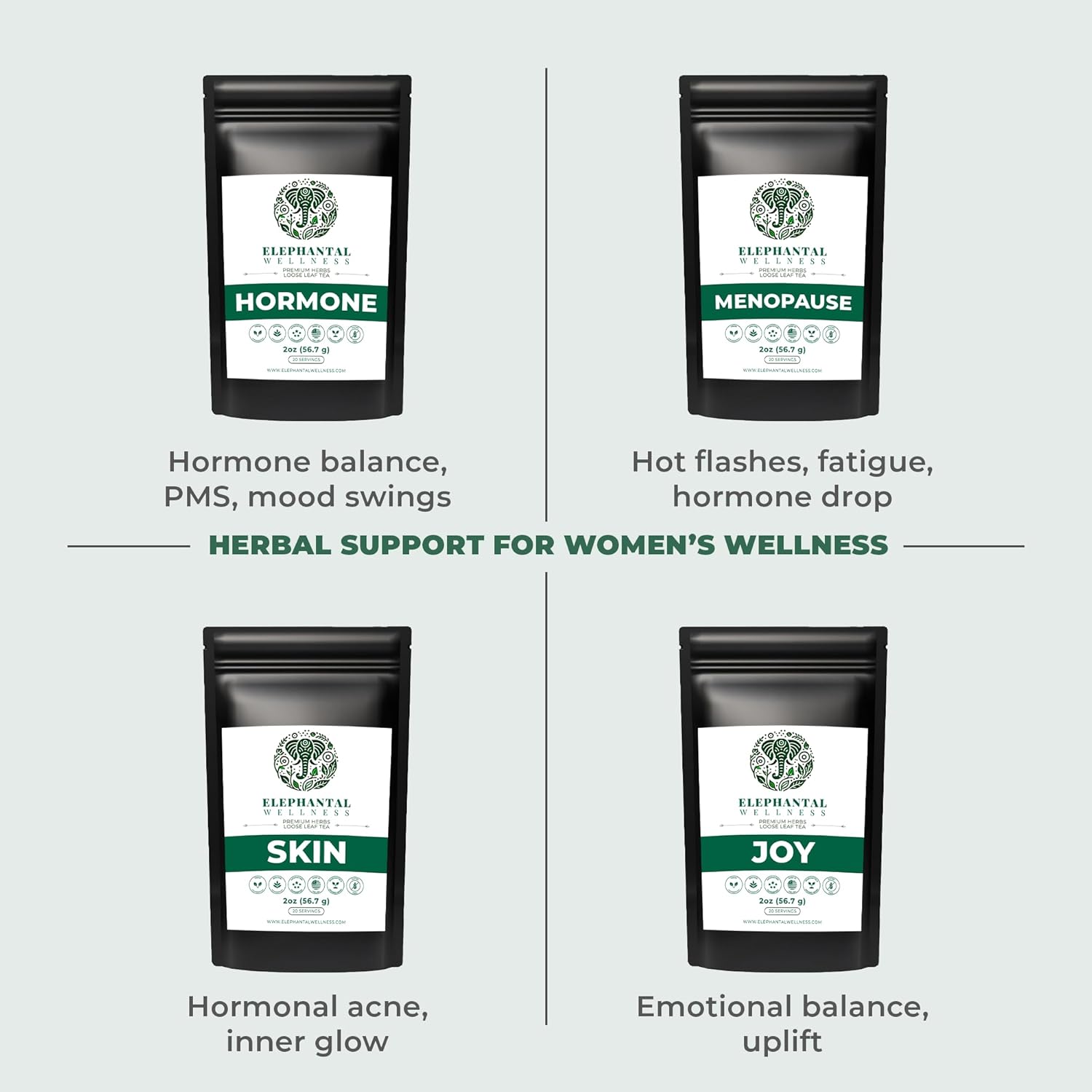 Elephantal Wellness Premium Hormone Herbal Tea | PCOS, Hormonal Balance & Mood Support with Chaste Berry, Shatavari, Dong Quai & Black Cohosh | Handmade, Non-GMO, Caffeine-Free Loose Leaf Blend | 2oz Loose Leaf, 20 Servings