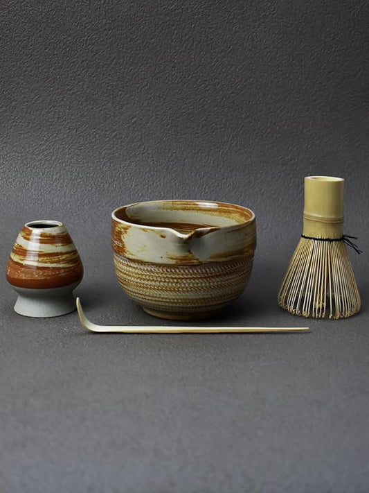 Matcha Tea Set – 4 Piece Traditional Japanese Matcha Kit with Beige & Brown Ceramic Spout Bowl, Whisk, Holder, Scoop & Guide