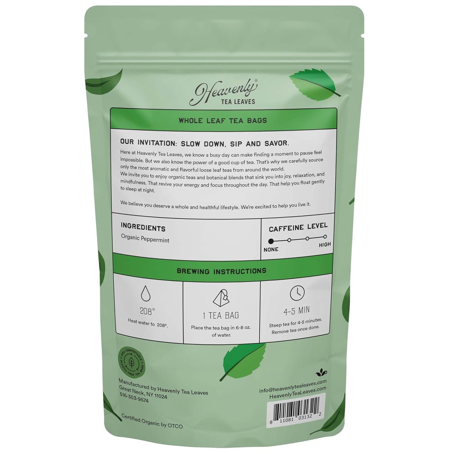 Heavenly Tea Leaves Organic Peppermint Herbal Tea, 50 Plastic-Free Bags | Naturally Caffeine-Free, Cool &amp; Refreshing, Great Hot or Iced, Plastic-Free Pyramid Bags, 50 Count