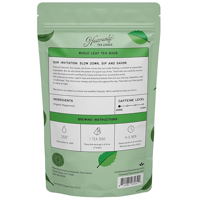 Heavenly Tea Leaves Organic Peppermint (50 Pyramid Tea Bags), Bulk Compostable Herbal Tea Sachets - 100% Plastic Free, Premium Quality