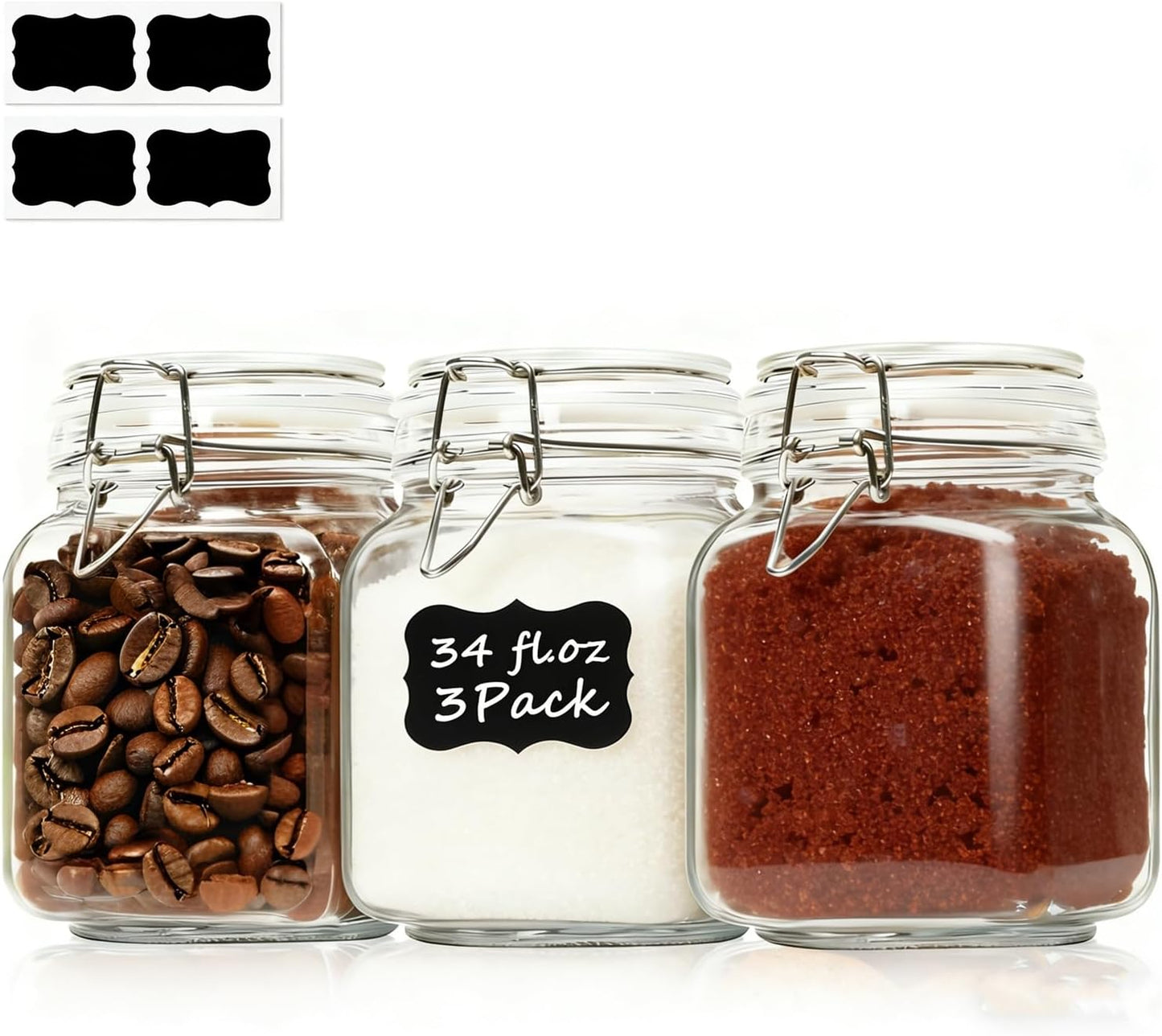ComSaf Glass Storage Jars 34 oz 3 Pack for Flour Sugar, Coffee Canister | Airtight clamp lids, 3.3-inch wide mouth, four labels, Square clear canisters, tea, herbs, pickles and pantry organization