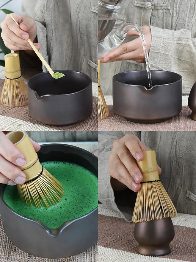 Artcome Matcha Bowl Set with Spout – Handmade Ceramic Chawan, Bamboo Whisk, Whisk Holder, Tea Scoop, and Matcha Manual
