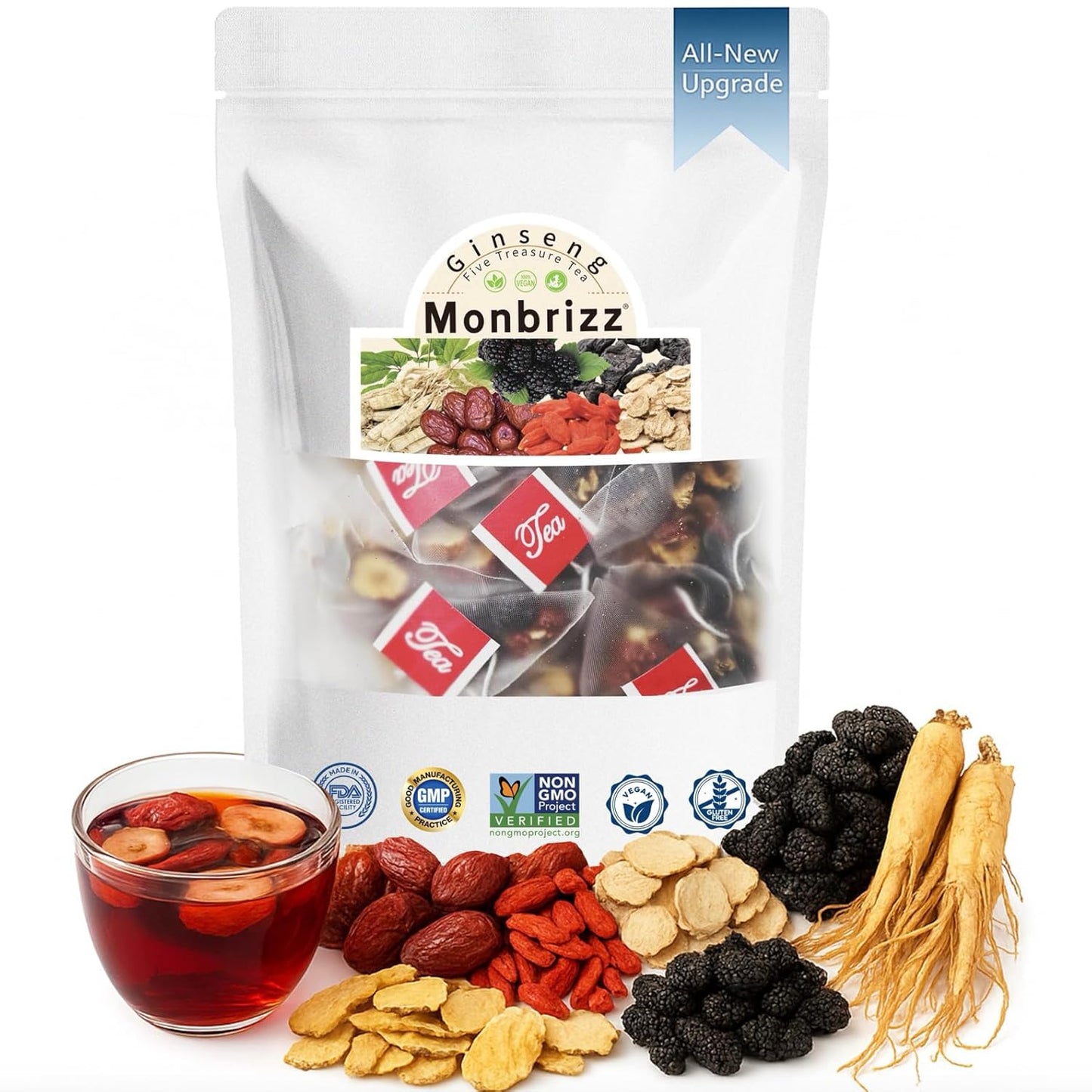 Monbrizz Kidney Tea Formula — Ginseng Six Treasure Tea with Maca Root, Goji Berries, Red Dates &amp; Turmeric, Caffeine-Free Herbal Tea for Daily Wellness, 60 Count