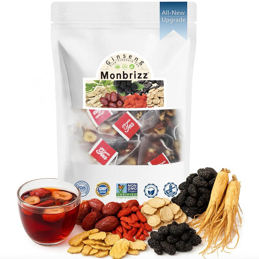 Monbrizz Kidney Tea Formula — Ginseng Six Treasure Tea with Maca Root, Goji Berries, Red Dates &amp; Turmeric, Caffeine-Free Herbal Tea for Daily Wellness, 60 Count