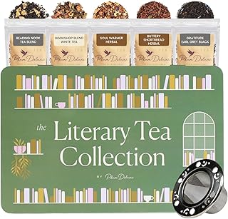 Literary Tea Collection Assorted Tea Gift Set - Hand-Crafted Loose Leaf Teas, Presentation Gift Box with Loose Leaf Steeper Included - Mixed Caffeine - 5 Unique and Flavorful Teas, 75+ Cups