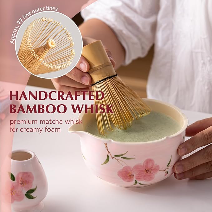 Matcha Whisk Set, 7Pcs Matcha Set with Hand-Painted Ceramic Matcha Bowl, Matcha Whisk and Holder, Scoop and Rest, Sifter, Tea Towel, Artisan Matcha Kit for Ceremony & Gifting (Pink)